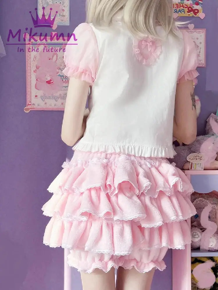 Harajuku lolita lantern shorts in pink and white with tiered ruffles