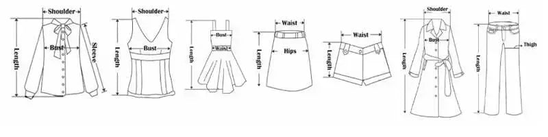 Simples Market clothing size diagrams: eight silhouettes including tops, shorts, skirts, pants and a coat.