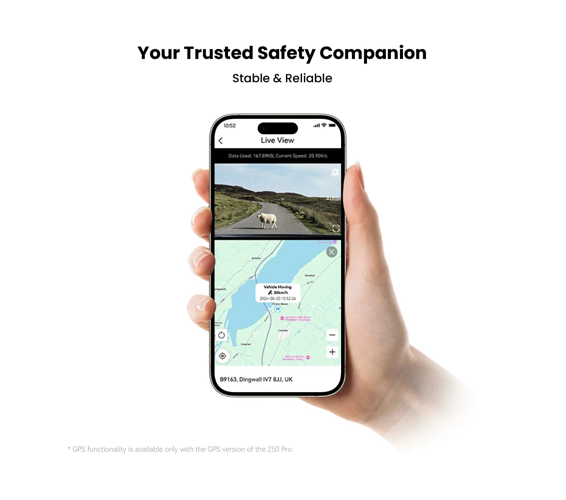 DDPAI Dash Cam Z50 Pro 4K UHD dual-channel car DVR with GPS and Wi-Fi, shown on a phone map UI