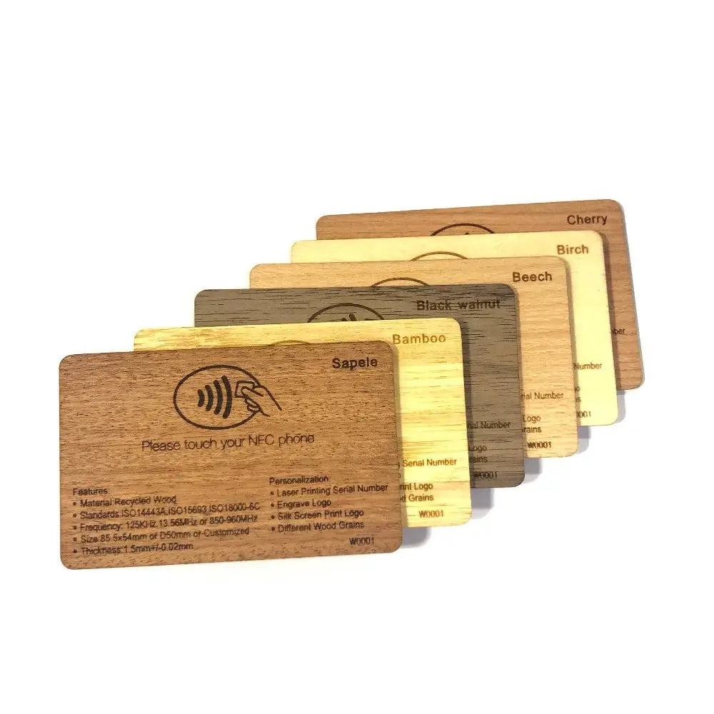 Wooden NFC card set with laser-engraved finishes Cherry, Birch, Beech, Walnut, Bamboo for contactless 13.56MHz RFID