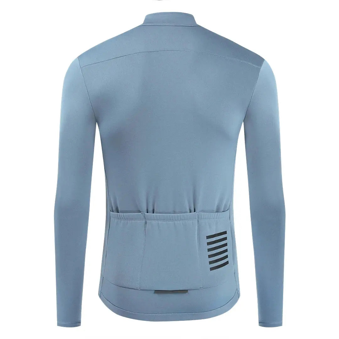 Men's light blue cycling jersey with long sleeves, fleece-lined warmth, and vent stripe detail on back pockets.