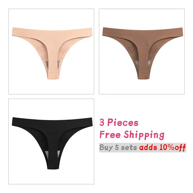 WarmSteps 3-piece seamless thong set for women in beige, brown, and black; low-rise G-strings