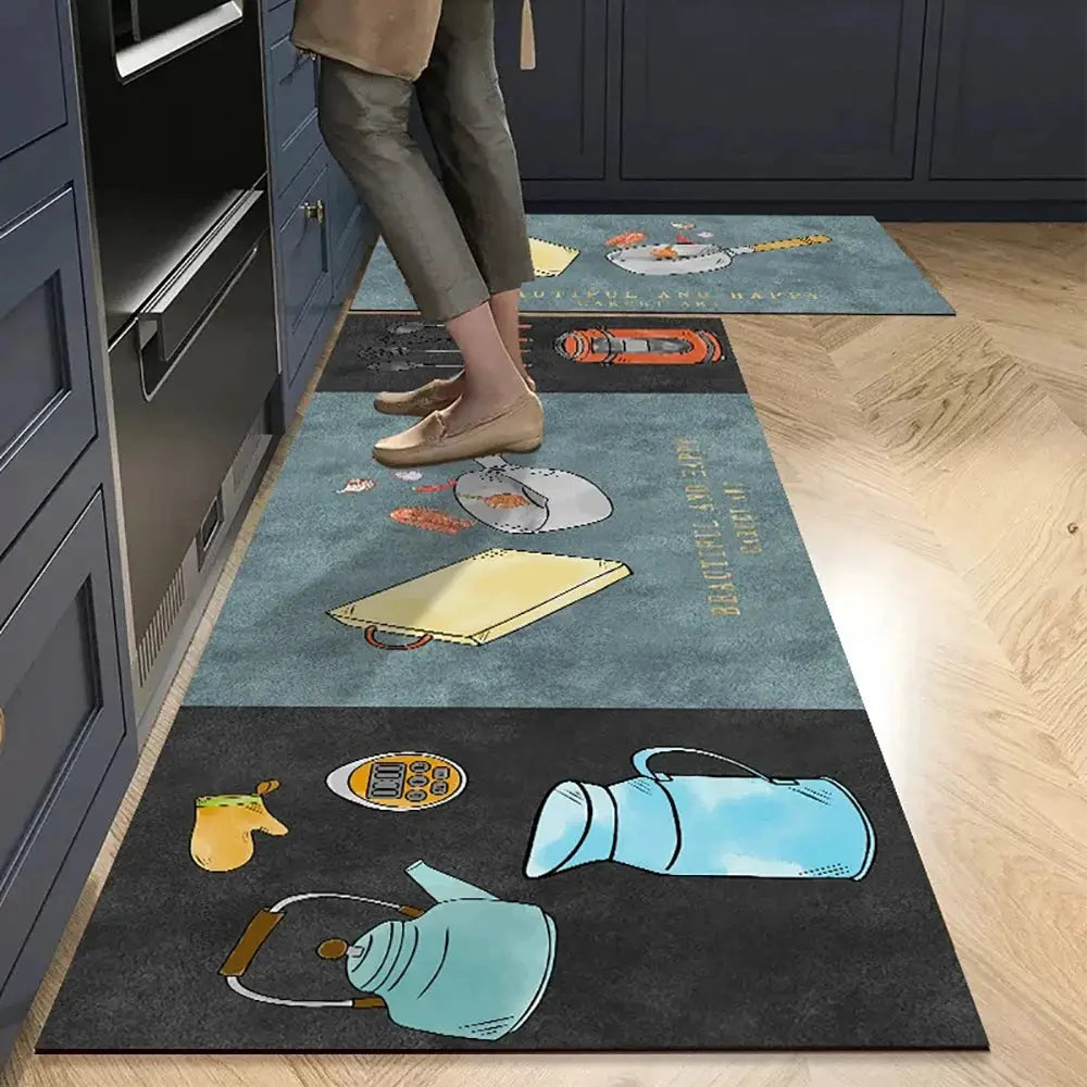 Simples Market two blue non-slip kitchen mat runners with cartoon kettle and mugs; long absorbent mats