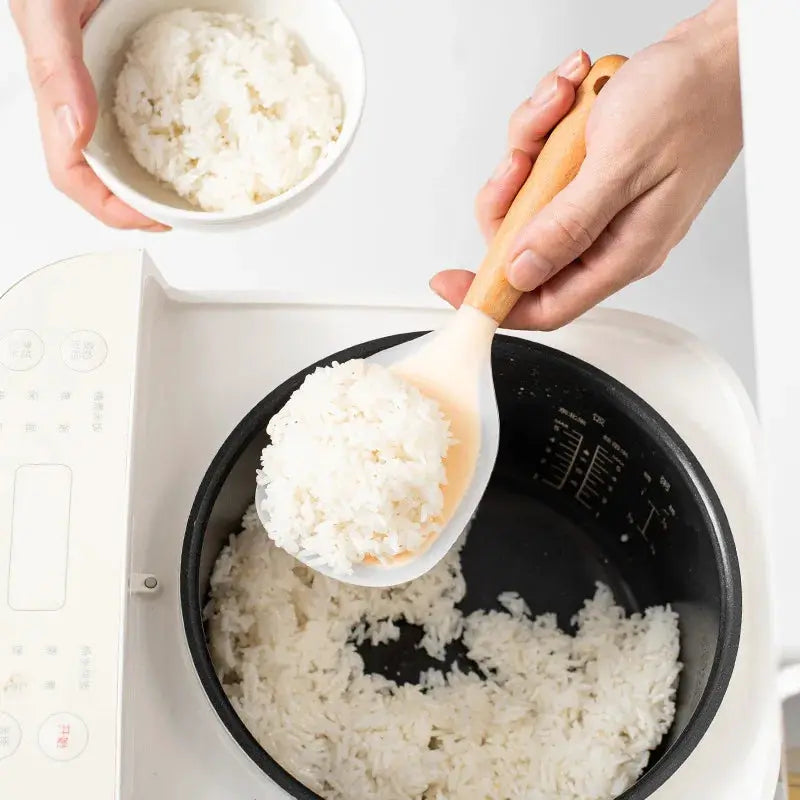 Wooden Handle Silicone Rice Spoon For Rice Cooker Heat Resistant Nonstick Kitchen Utensil