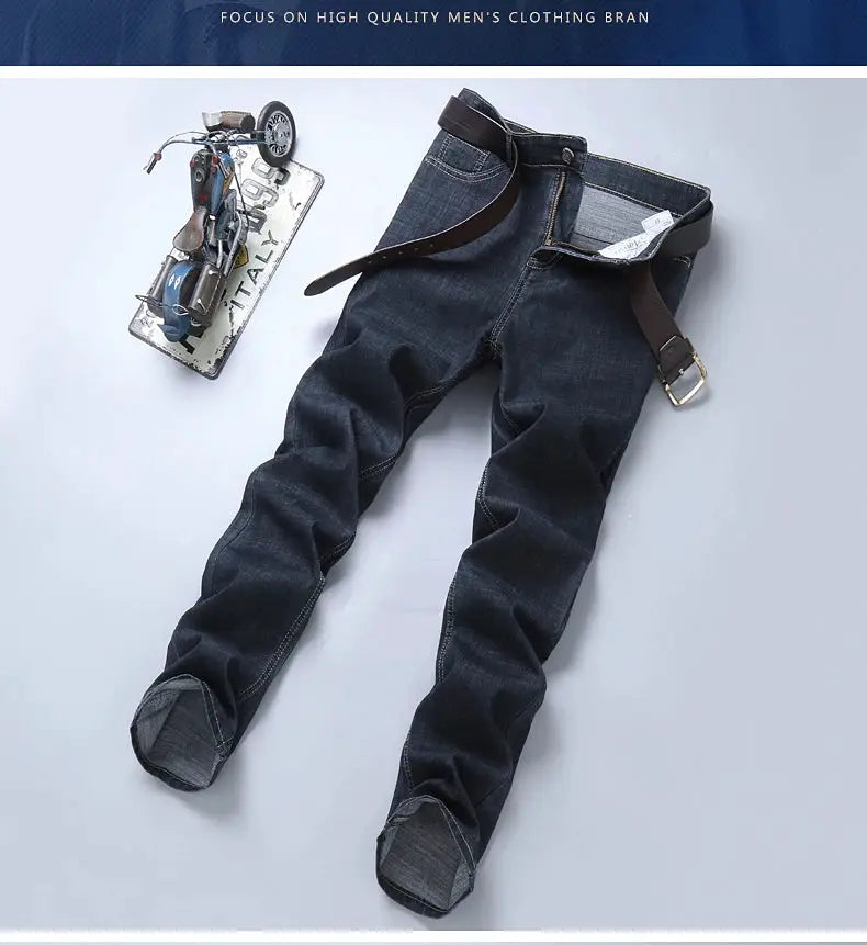 Simples Market men's elastic denim jeans in dark blue cotton stretch with belt, straight-leg casual pants