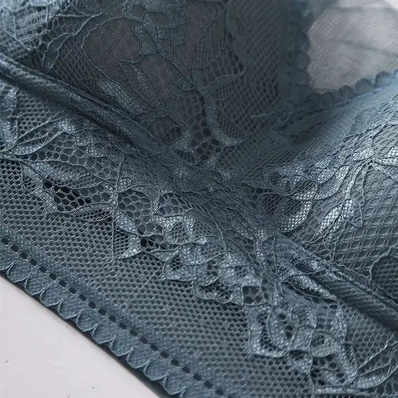 Simples Market women's lace bralette close-up in blue ice silk with floral lace and mesh