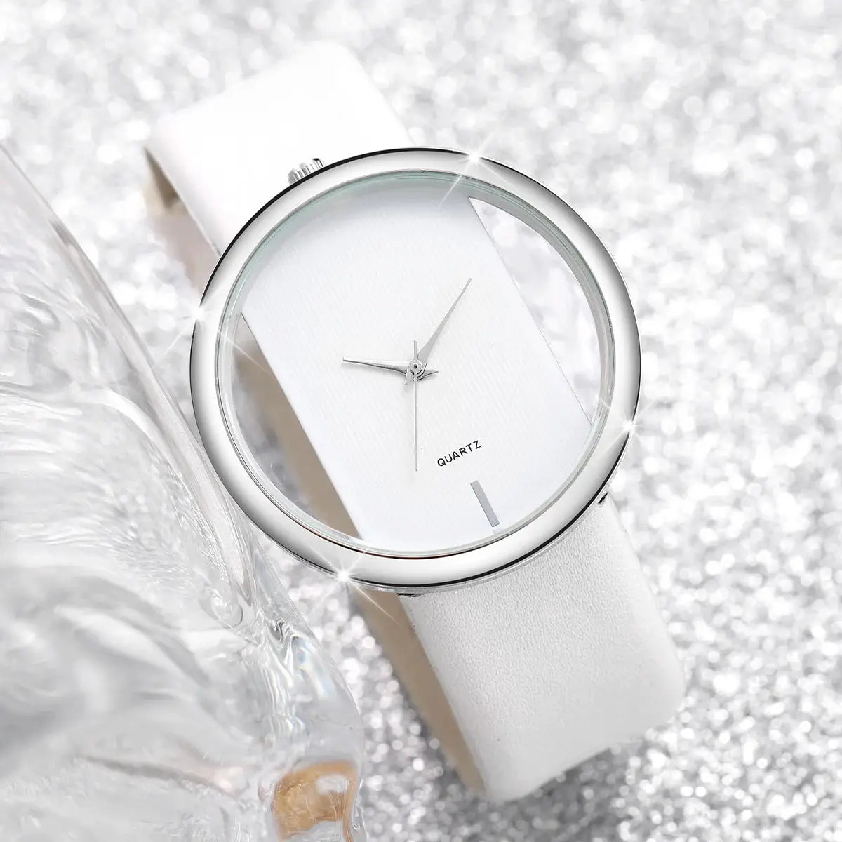 Women's watch by Simples Market, white leather-band quartz timepiece with silver bezel and minimalist dial.