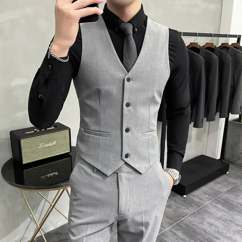 Gray men's waistcoat and matching pants suit set with black shirt and tie.