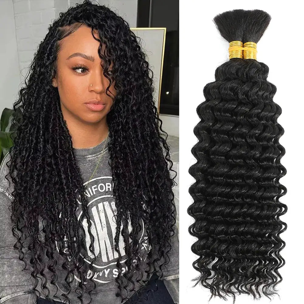 Simples Market deep wave braiding hair bulk no weft, Brazilian hair in black; shown on model and as 2-piece bundle