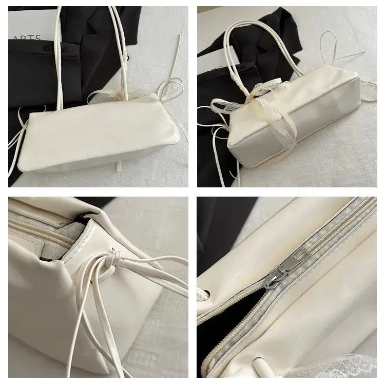 White PU square shoulder bag with delicate lace bow decor
