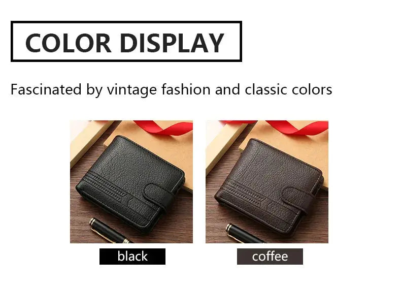 Two men's slim bifold leather wallets in black and coffee with card slots.