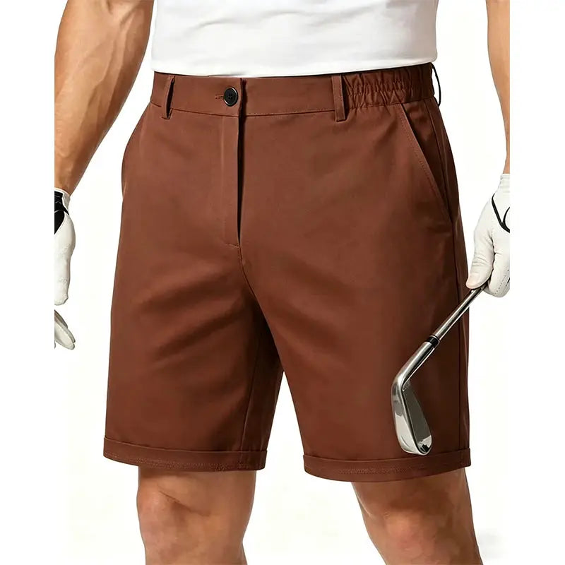 Men's brown 100% cotton shorts with front pockets and cuffed hems
