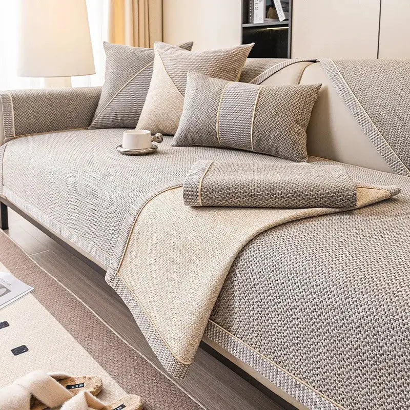 Simples Market linen sofa cushion set with woven cotton cover; neutral beige-gray, non-slip.