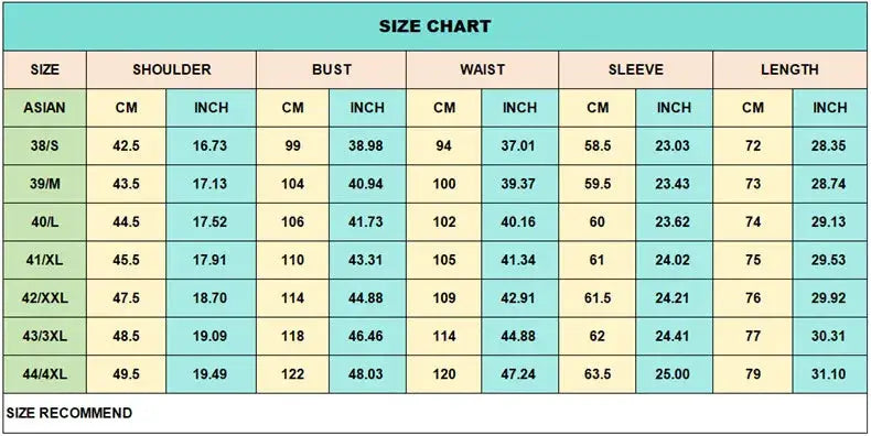 Men's long sleeve shirt size chart by Simples Market with Asian sizes and bust, waist, sleeve and length measurements.