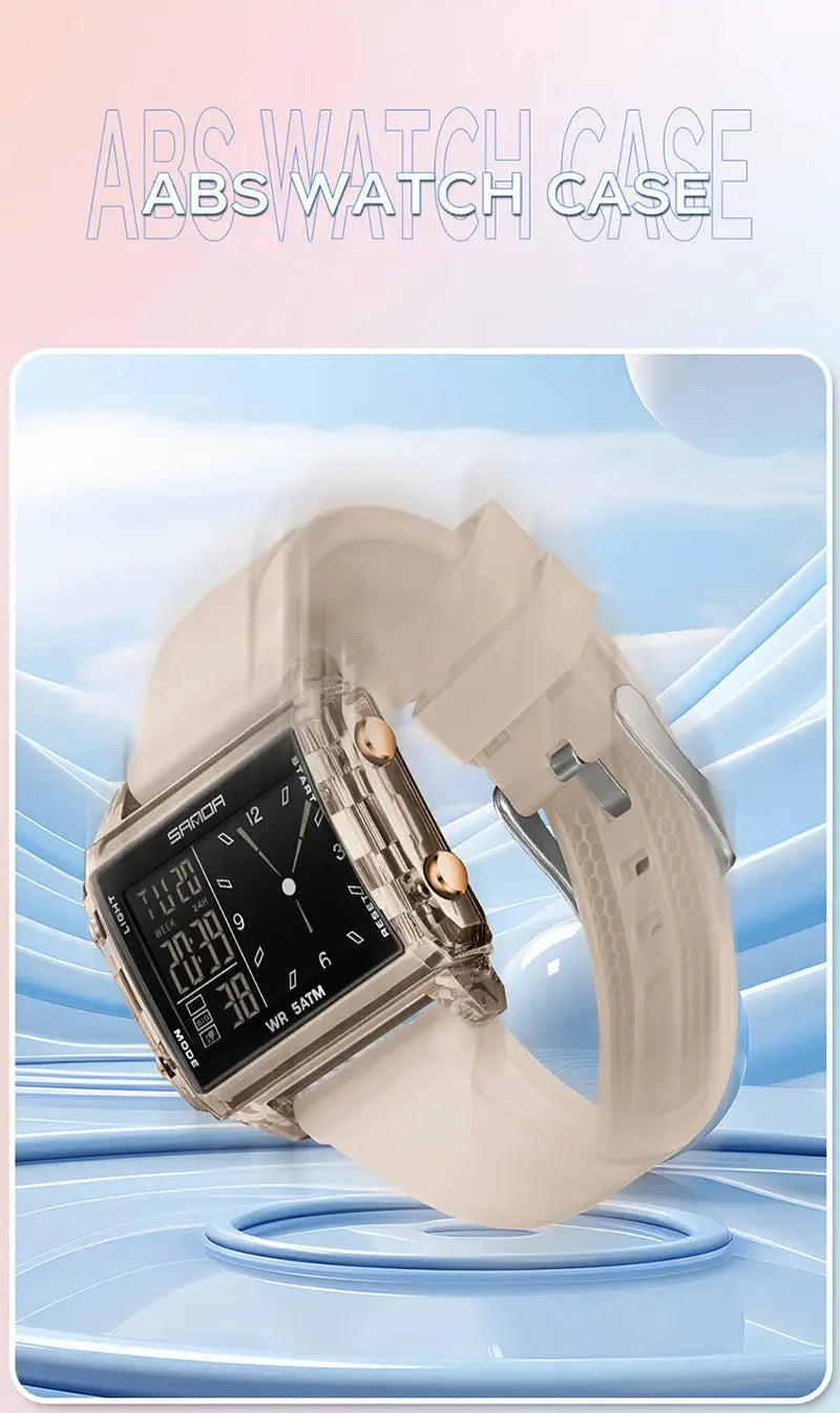 SANDA 6273 square wristwatch with transparent rose-gold case, cream strap, dual-time digital/analog, waterproof.