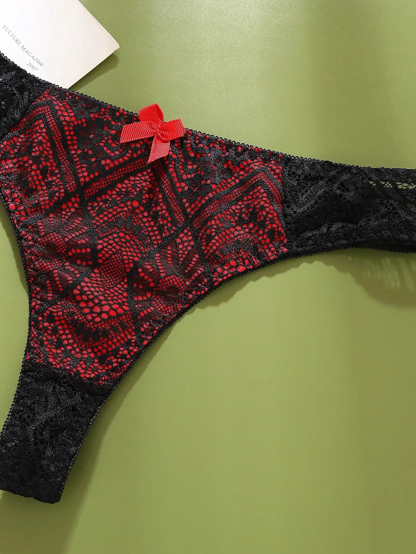 G-string panties by Simples Market, red and black lace color-block with sheer pattern and small red bow