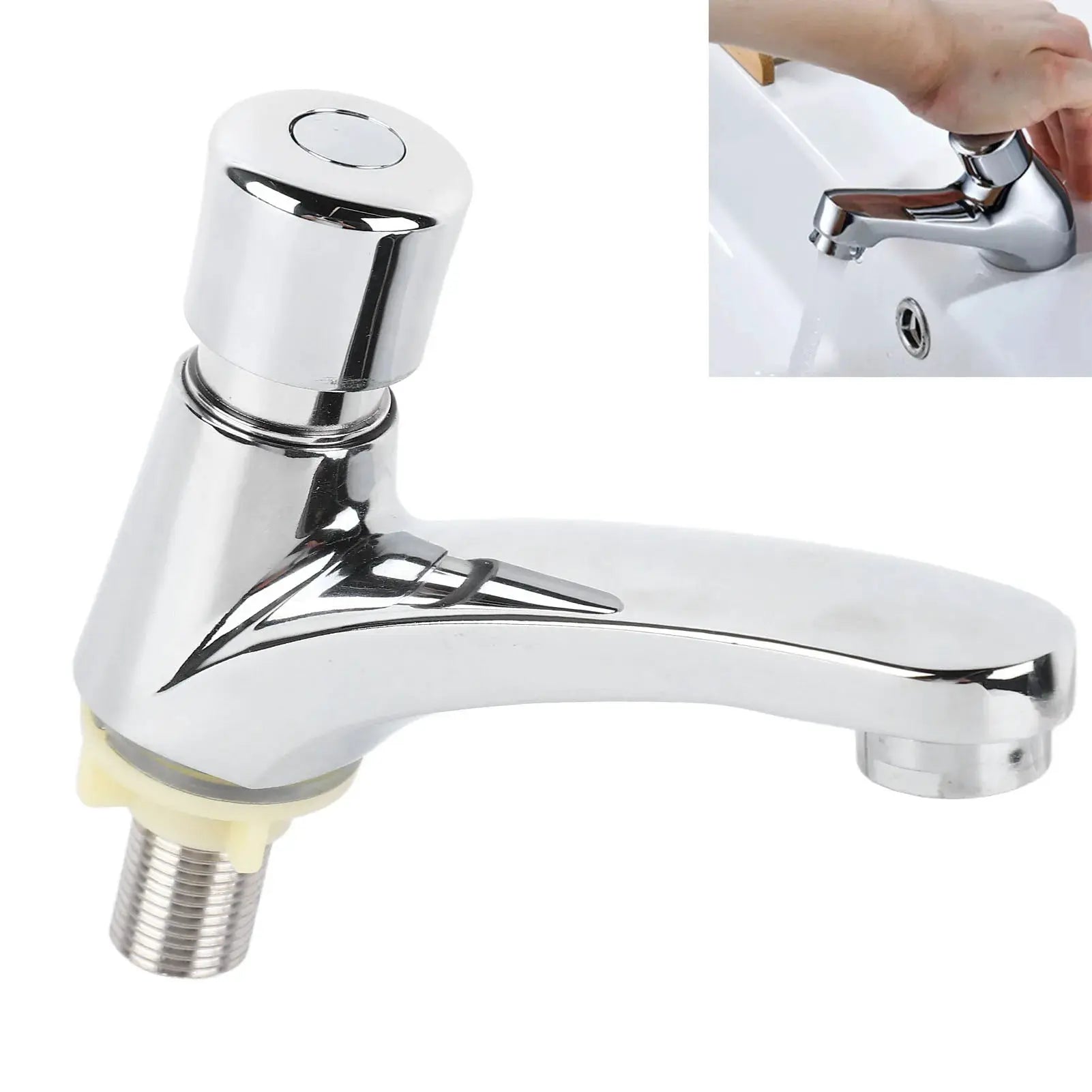 Simples Market chrome time-delay basin faucet with push-switch, water-saving for kitchen or bathroom.