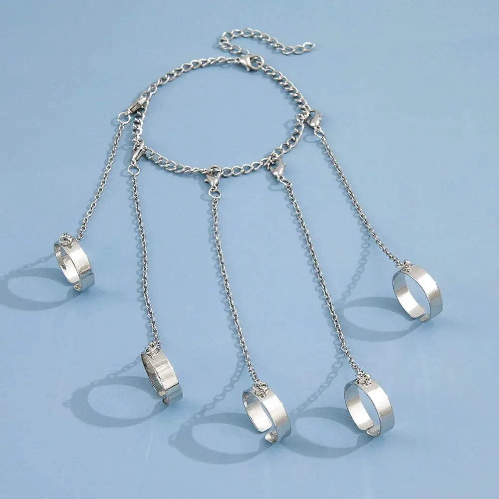 Ins Style Hip Hop Punk Silver Tone Five Finger Connected Mitten Ring and Bracelet for Women Daily Wear or Party