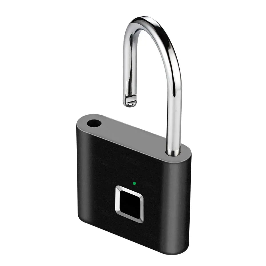 KERUI fingerprint smart padlock, black zinc body with chrome shackle and green LED indicator