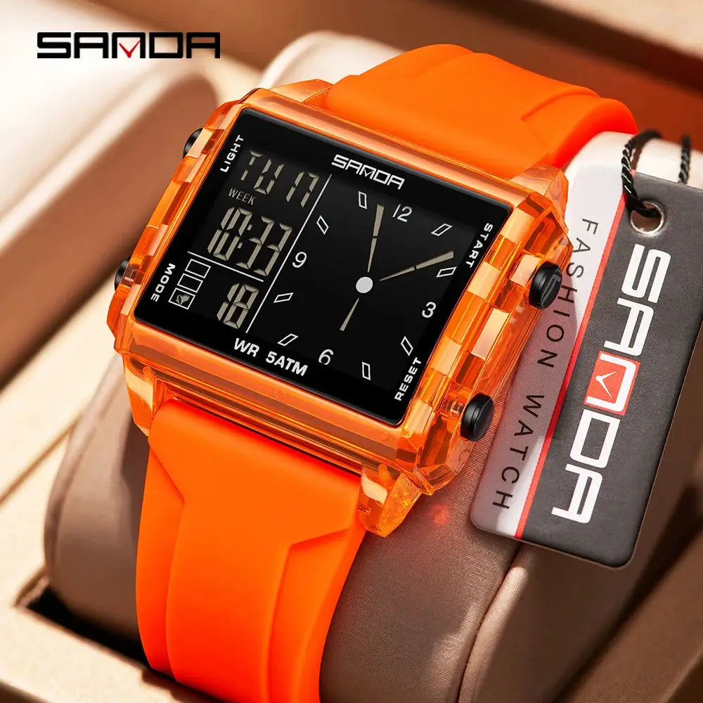 SANDA 6273 square dual-time wristwatch with orange transparent case and silicone strap, SAMOA logo on black dial