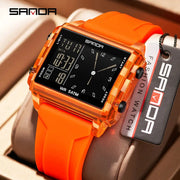 SANDA 6273 square dual-time wristwatch with orange transparent case and silicone strap, SAMOA logo on black dial