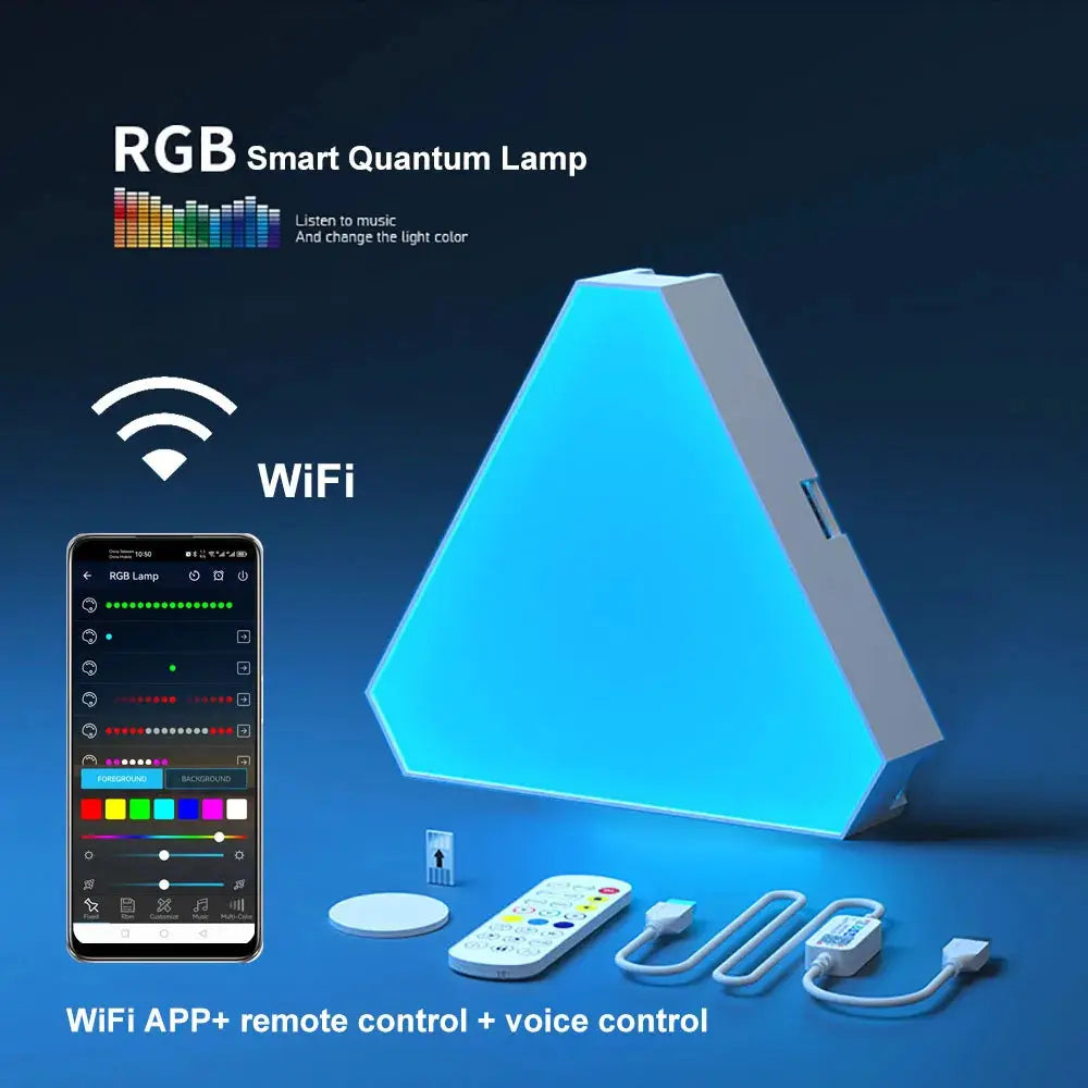 LED Triangular Quantum Lamp RGB wall light by Simples Market with WiFi app, remote and voice control