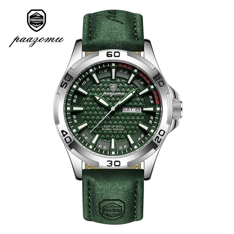 PAAZOMU men's luxury watch with green dial, stainless steel case and green leather strap, day-date display