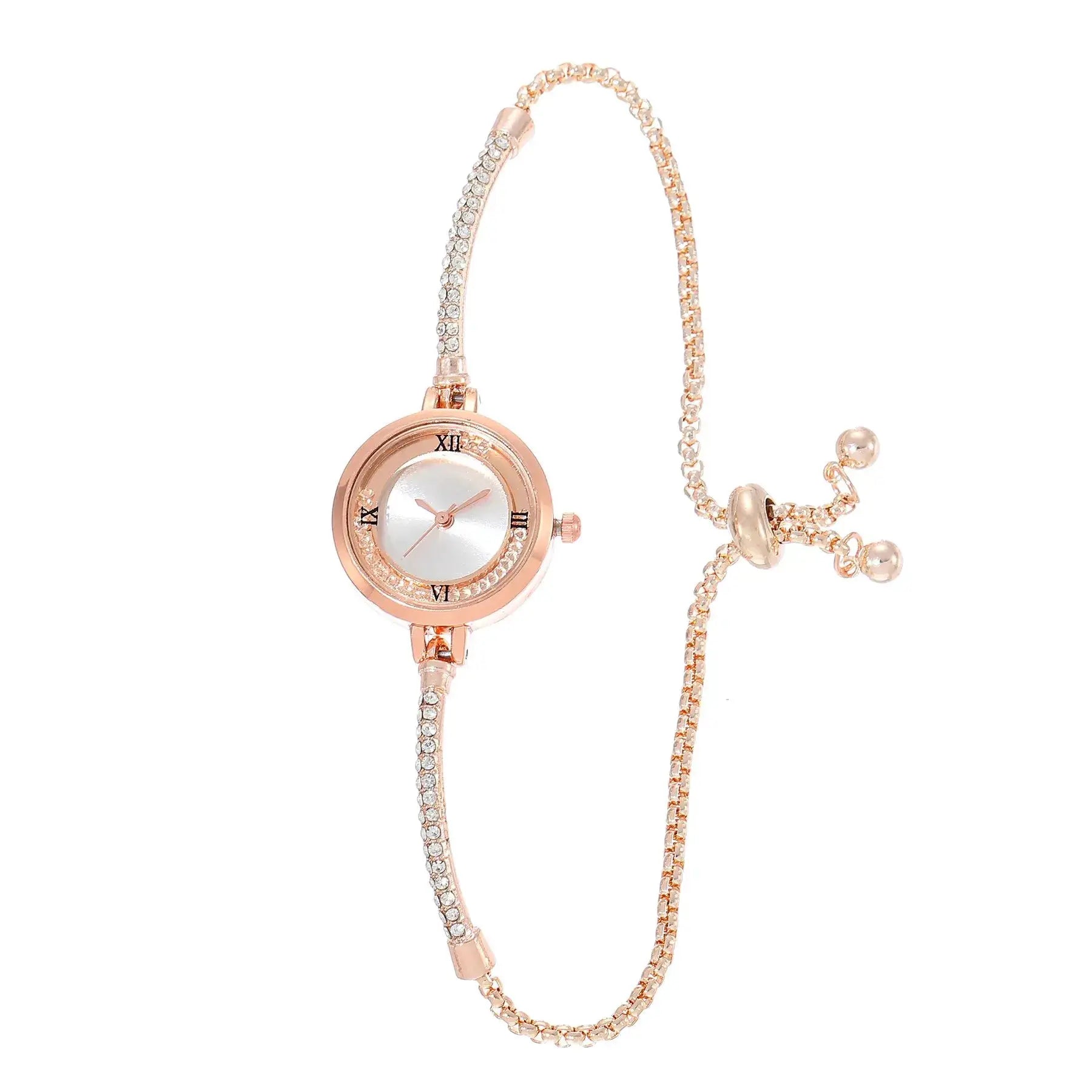 Rose gold women's wristwatch with crystal-embellished bracelet and small dial