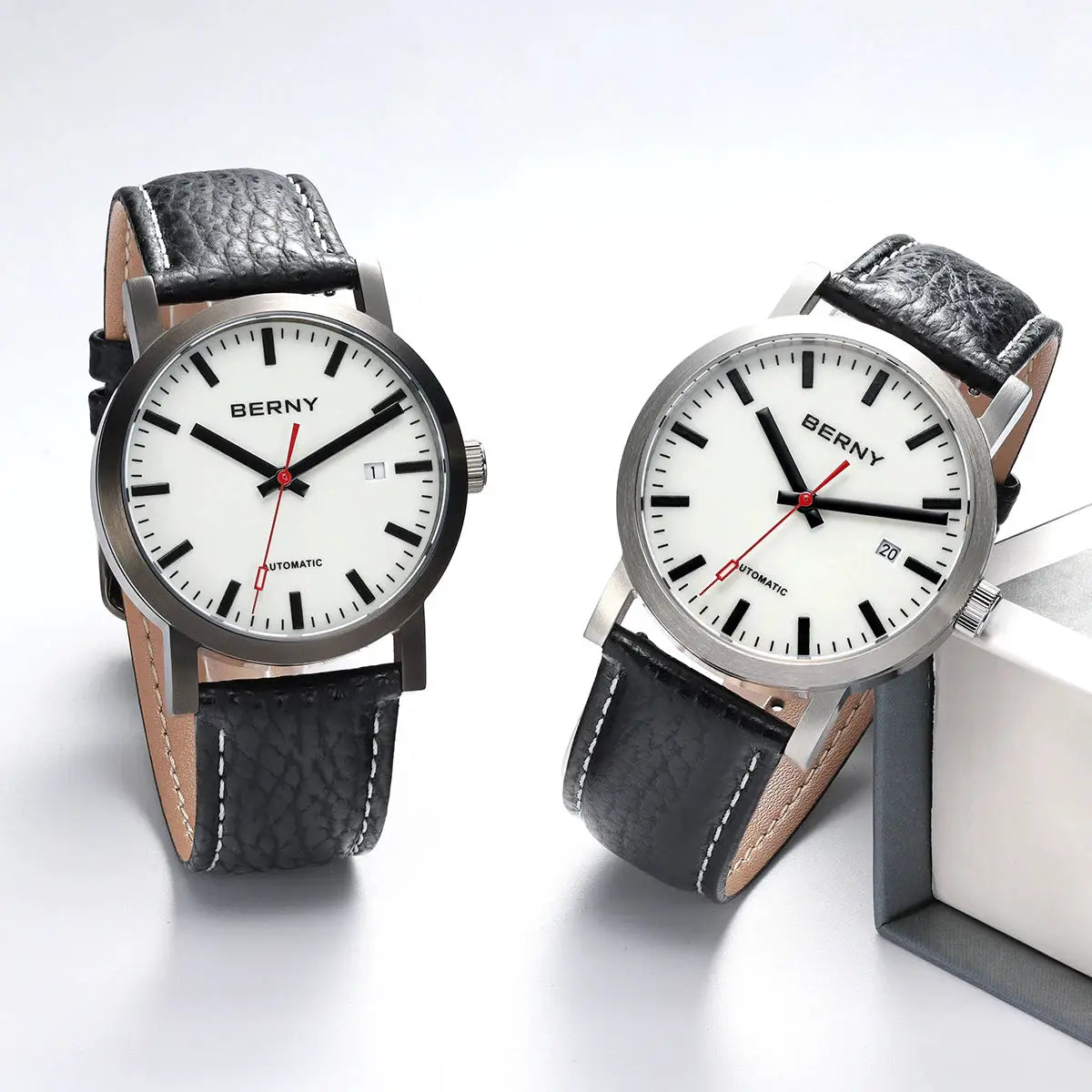 BERNY men's automatic watches, two shown with white dials, black hour markers, red second hands and black leather straps