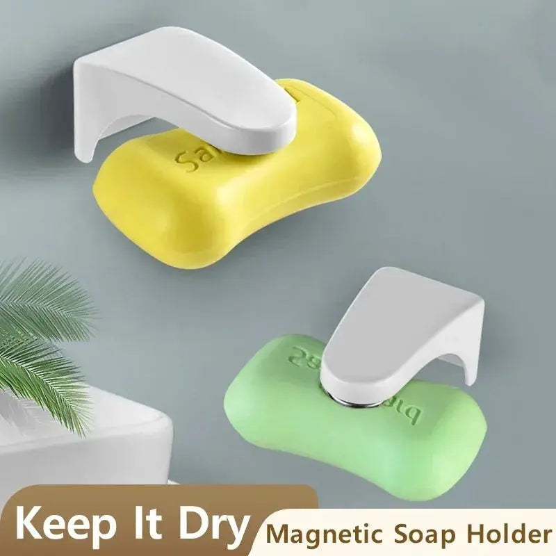 Two magnetic soap holders by Simples Market; yellow and green punch-free bathroom soap boxes with white caps