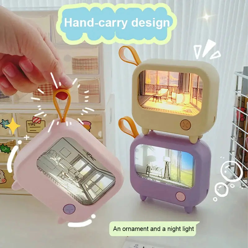 TV Painting Night Light set of 3 mini desk lamps in pink, lavender, and beige with hand-carry design
