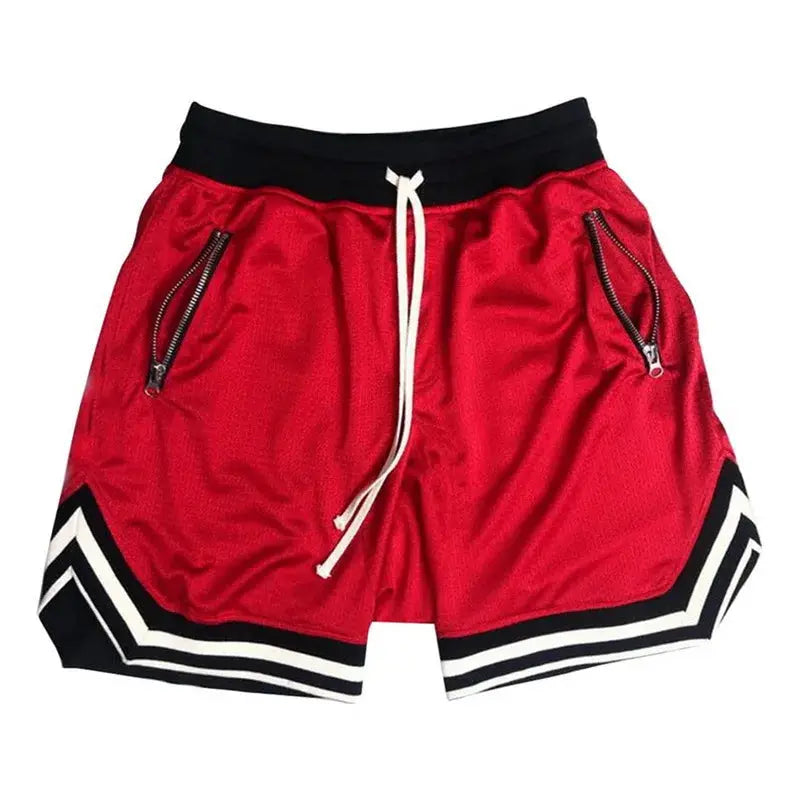 Men's sports basketball shorts red mesh quick-dry with black waistband, white drawstring, zip pockets, Simples Market