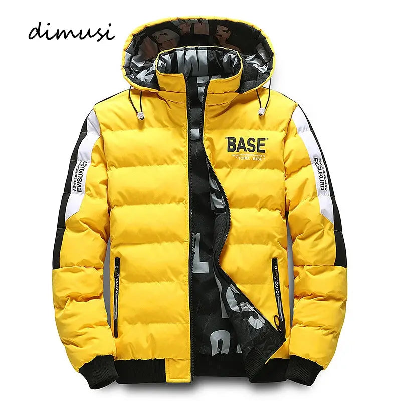 Dimusi yellow men's padded winter jacket with hood, BASE logo on chest, zip pockets