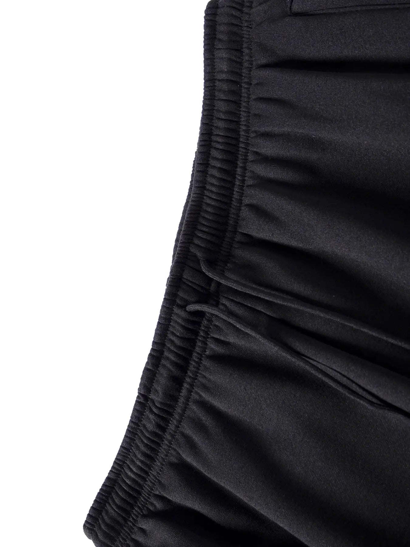 Mens black jogger sweatpants with elastic waistband and gathered leg panels
