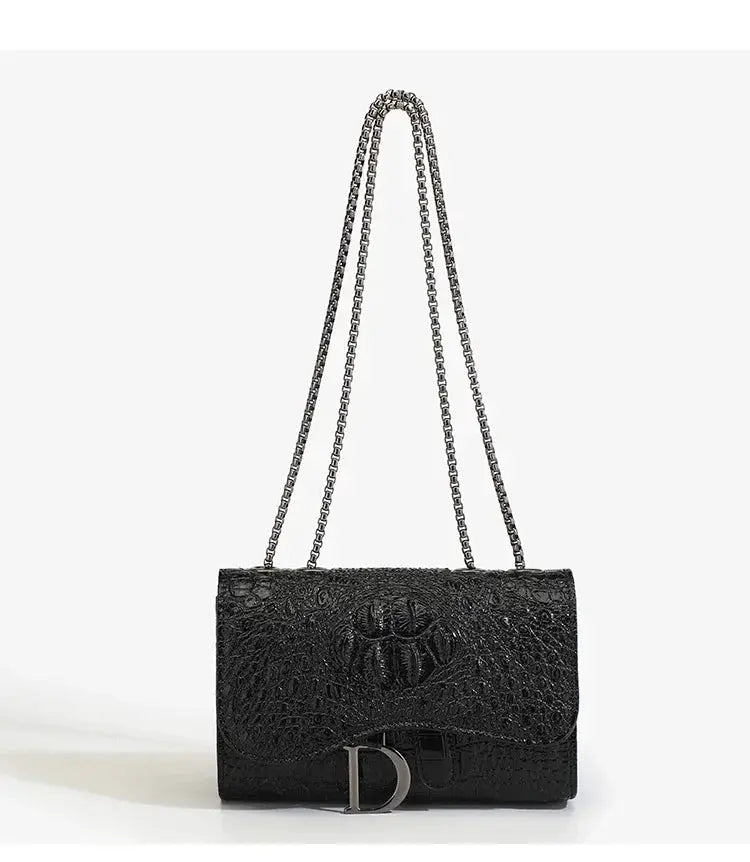 Simples Market women's luxury crocodile-embossed handbag with silver chain straps and D-shaped buckle