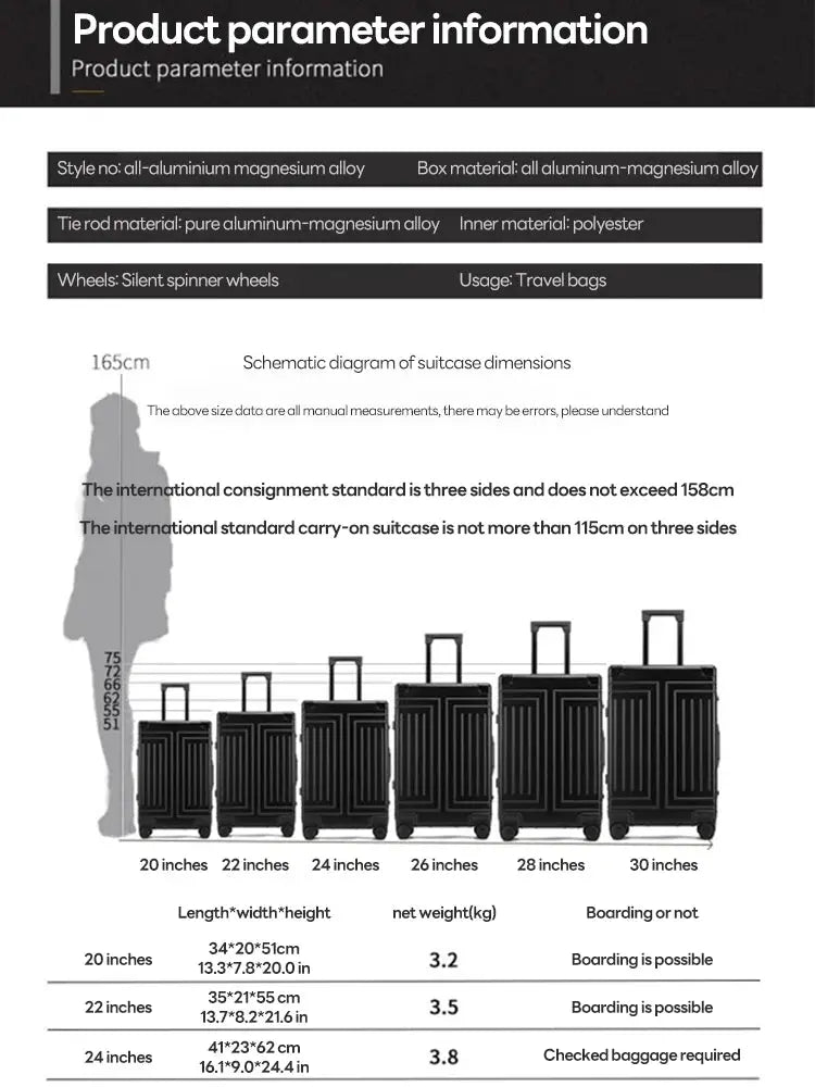 Six-piece aluminum-magnesium travel suitcase lineup (20–30 inch) with silent spinner wheels.