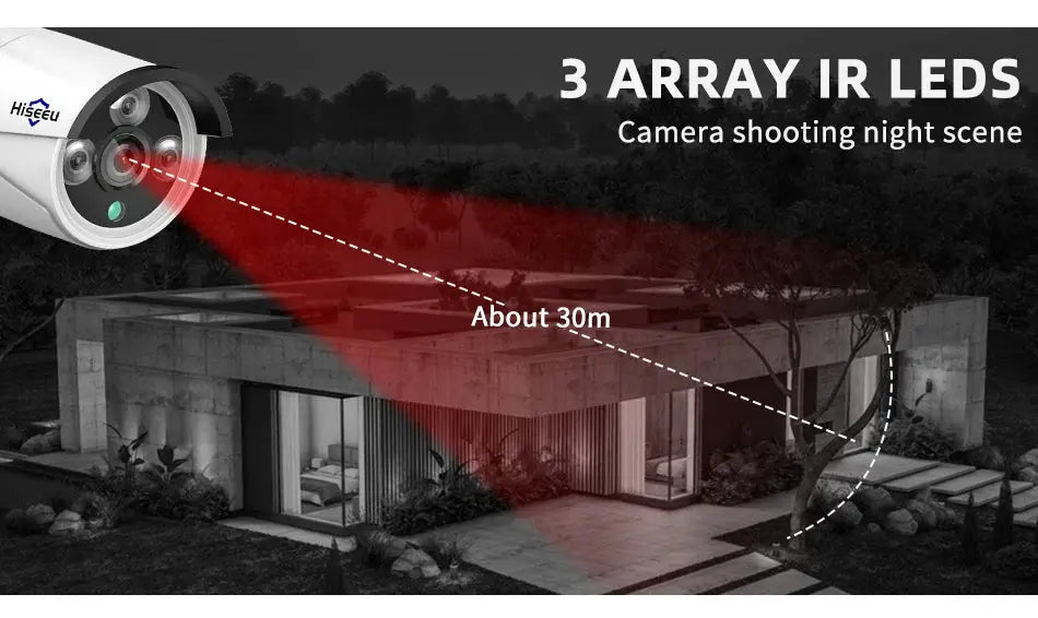 Hiseeu wireless IP camera with 3-LED IR array, 3.6mm lens, white outdoor security camera with night vision up to 30m