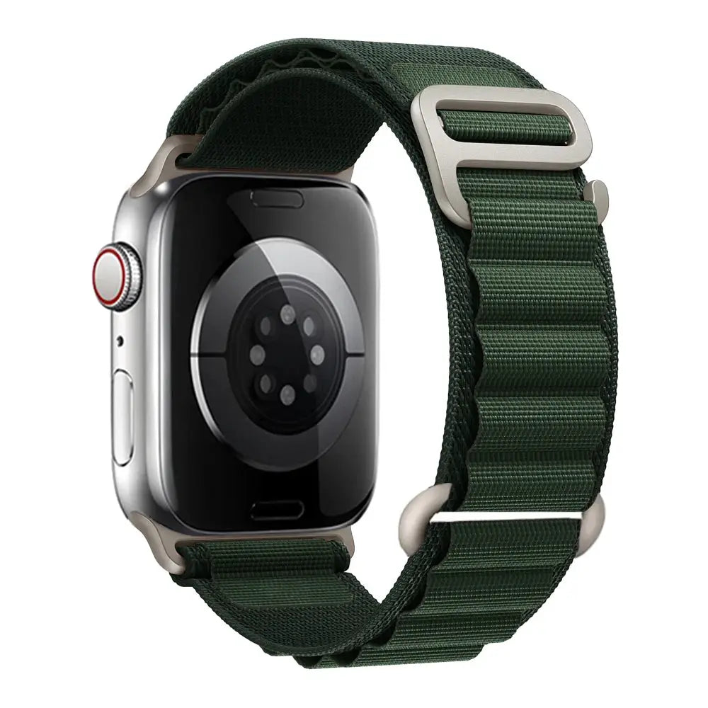 Simples Market Apple Watch nylon Alpine strap for 40–49mm, dark green with silver buckle.