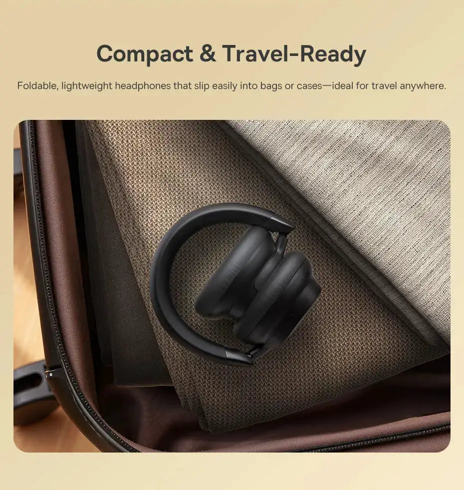 Baseus Bowie MH1 over-ear Bluetooth headphones in black, nestled in a brown travel case