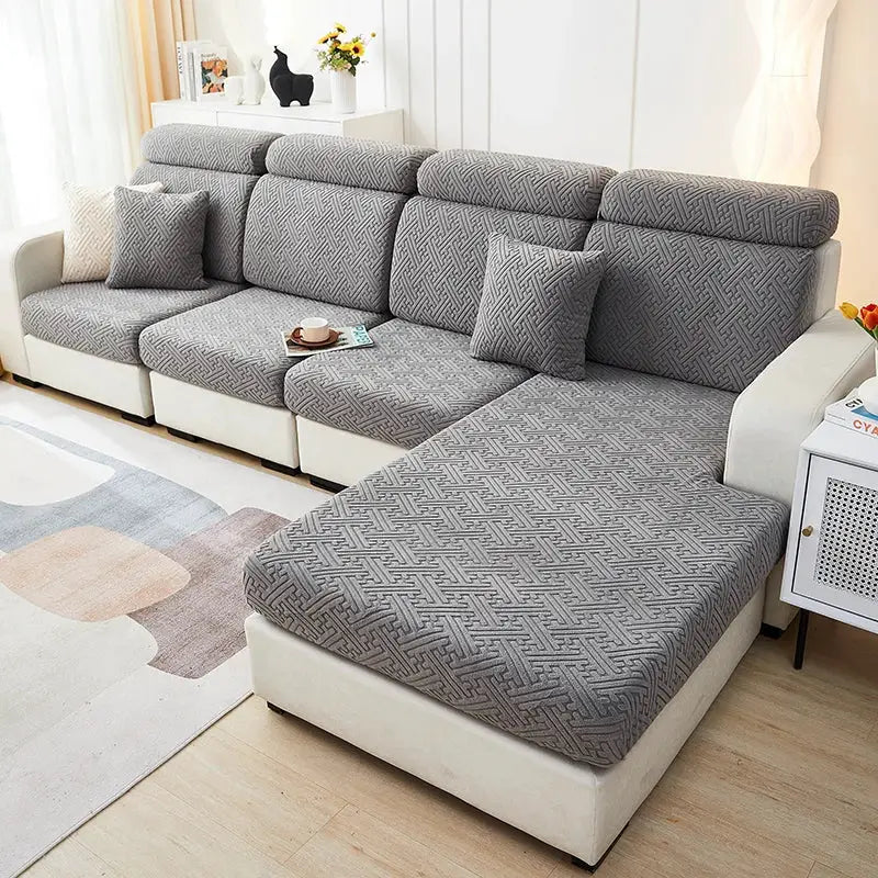Simples Market grey jacquard sofa slipcover set for sectional with chaise, stretch fabric.