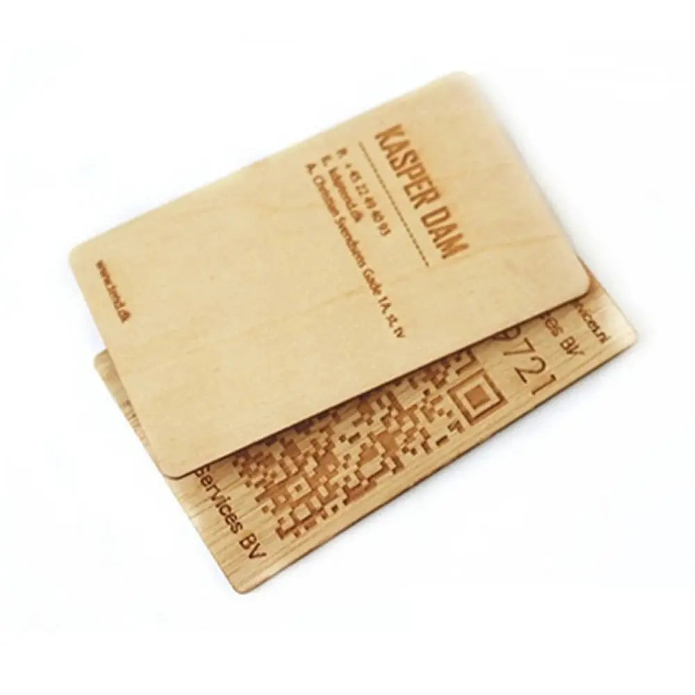 Wooden NFC card pair with laser-engraved design and 13.56 MHz RFID tag