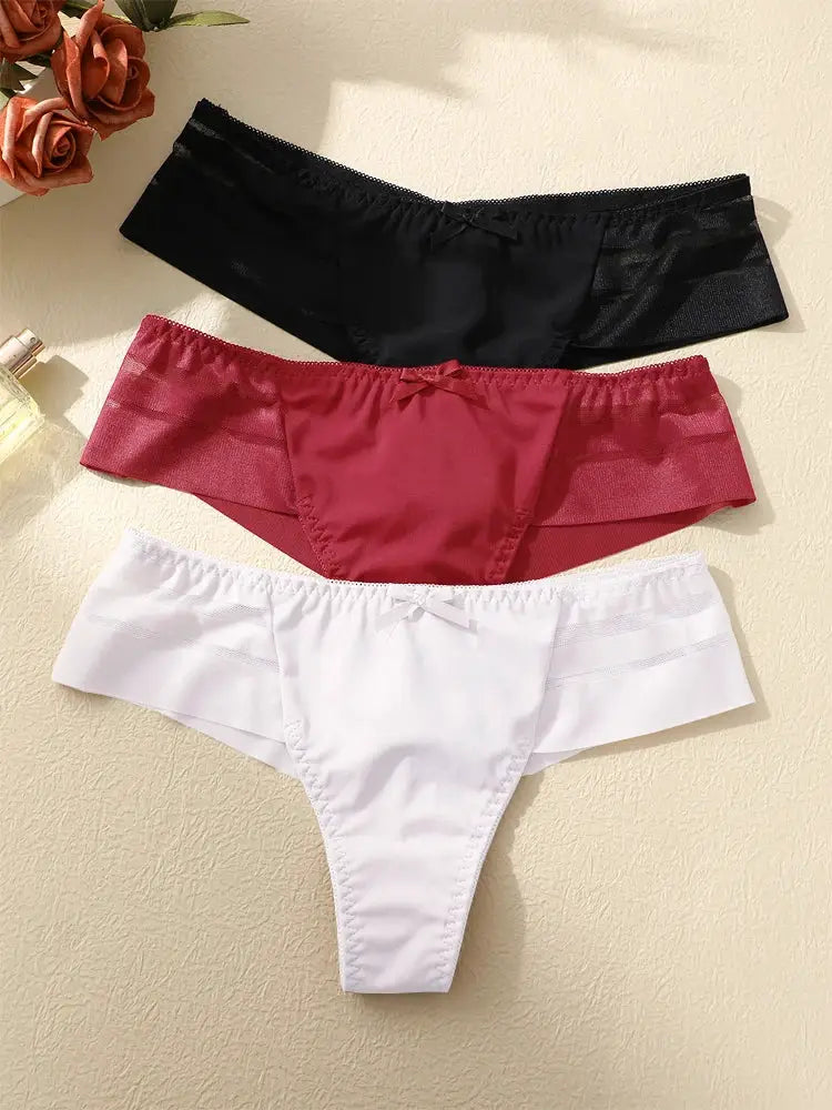 3pc women's lace hollow-out low-waist thong set in black, burgundy, and white by Simples Market