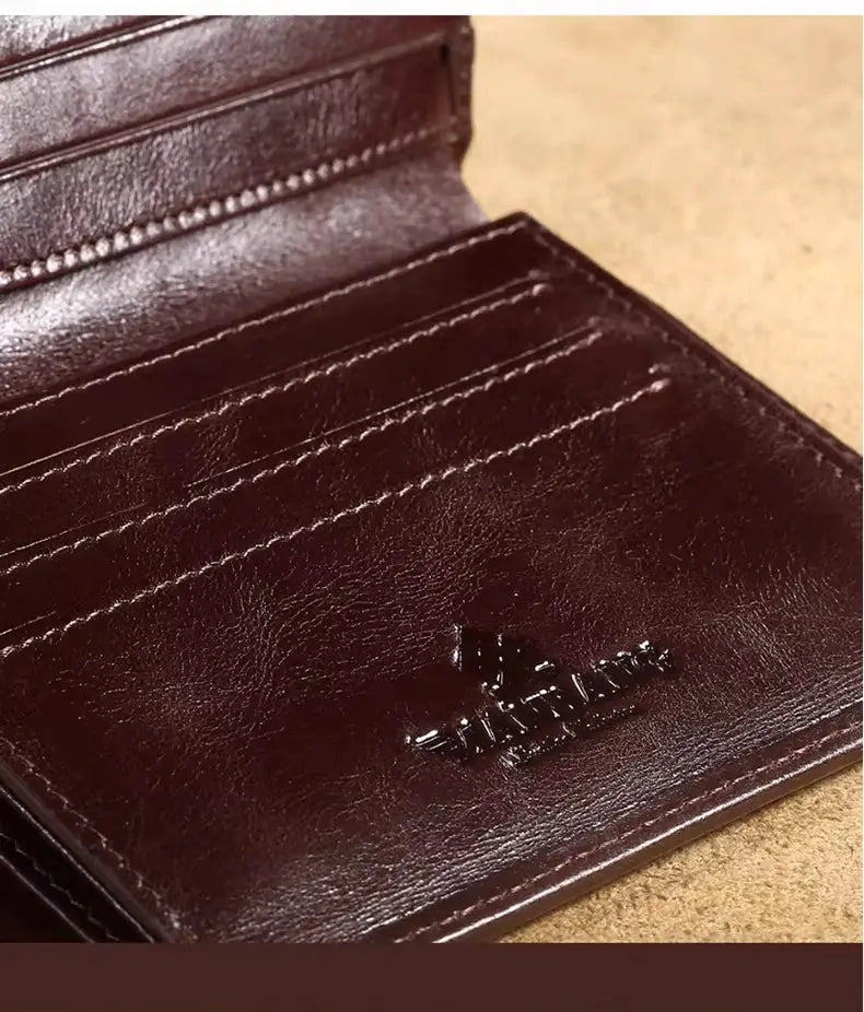 Men's brown genuine leather wallet by Simples Market with card slots and stitched edges.