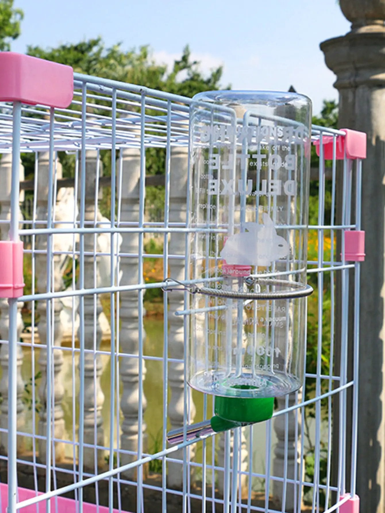 Auto drinking water bottle for small animals, 1000ml, transparent with pink cage clips