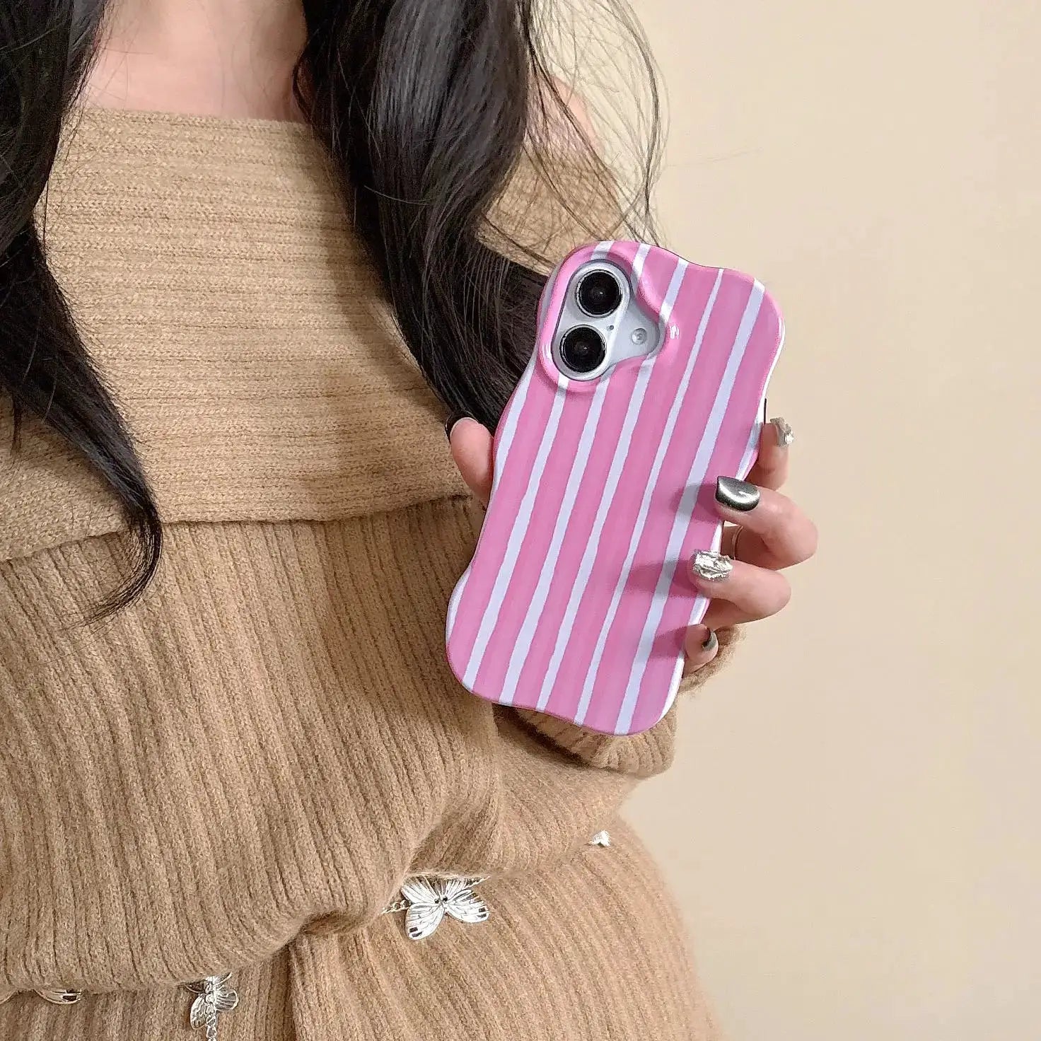 Fashion 2 In 1 Glossy Stripes Phone Case For iPhone 13 14 15 16 Pro Max With Wave Edges And Slim Hard Back Cover
