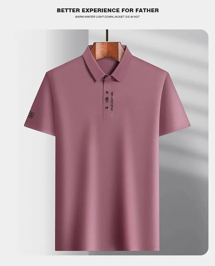 Polo shirt by Simples Market, pink ice silk, short sleeves, embroidered detail, breathable.