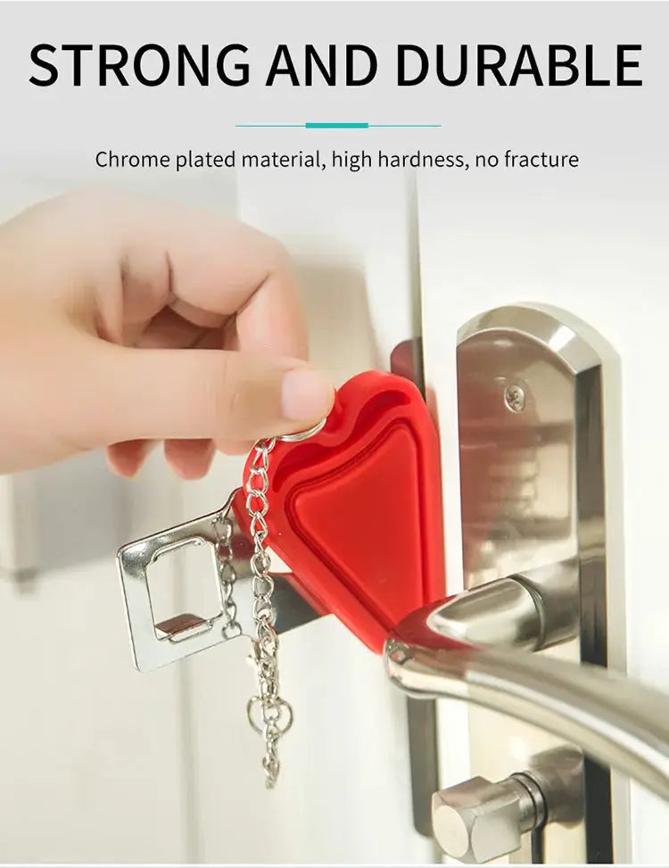 Portable red door lock latch for travel safety; no-drill, fits on door handle.
