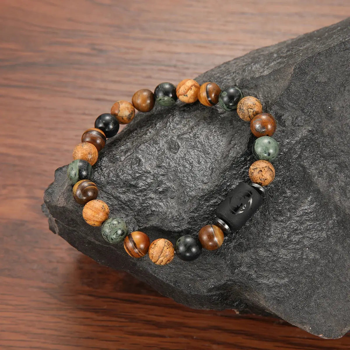 Natural Stone Tiger Eye Picture Jasper Round Beads 12 Constellations Unisex Bracelet