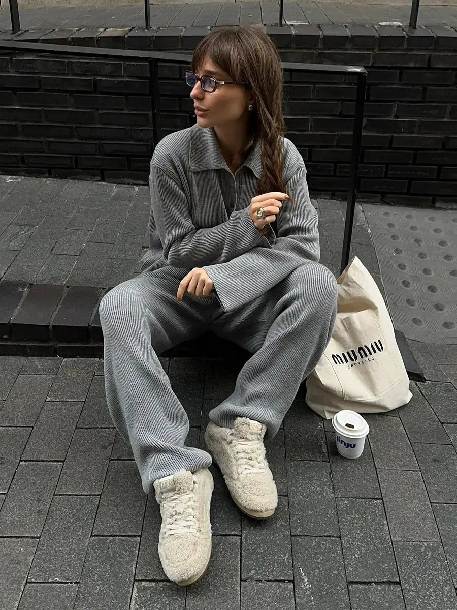Bornladies Autumn Winter Knit Cardigan Pants Set Two Piece Outfit