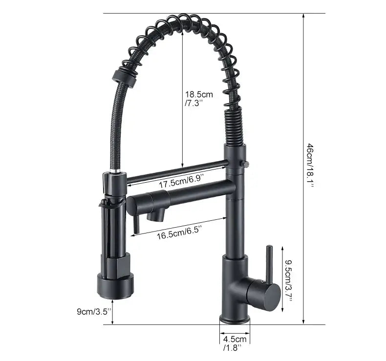 Kitchen faucet by Simples Market with pull-down sprayer, high-arc black finish, single-handle spring design